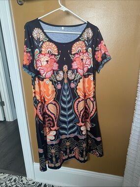 Floral Print Scoop Neck Women’s Dress- Black with Orange & Coral